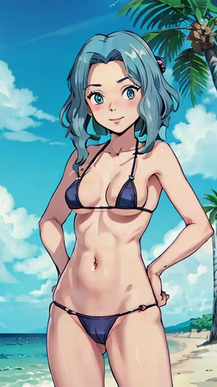 ((masterpiece,best quality)), absurdres,
sanqua_(pokemon), micro bikini, microbikini, wedged in vulva, lowleg, 
solo, smiling, blushing,facing viewer, looking at viewer, cowboy shot, ghibli style 
cinematic composition, 
tropical beach, hair ornament, hand...