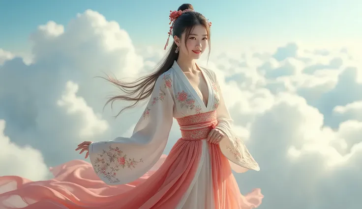 Hyper-realistic full-body image of a beautiful Japanese woman, Miho, in her mid-twenties, dressed in an ornate traditional Chinese Hanfu, featuring flowing silk and detailed embroidery. She has shoulder-length brown hair tied in a ponytail, with double eye...