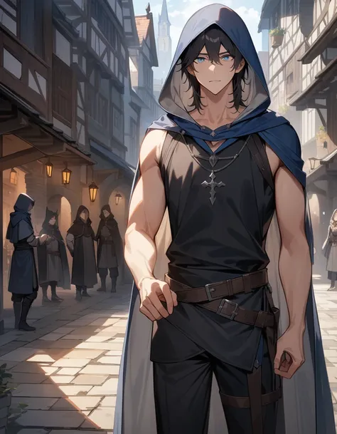 (masterpiece:1.2),High resolution, Attention to detail, high quality, High resolution, high quality,
 4K, 8k、Beautiful work, a scene in a medieval city with a  1 boy. 22 year old man with
light blue hood and cape. wild dark hair, light blue eyes, Wearing a...