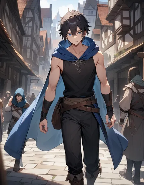 (masterpiece:1.2),High resolution, Attention to detail, high quality, High resolution, high quality,
 4K, 8k、Beautiful work, a scene in a medieval city with a  1 boy. 22 year old man with
light blue hood and cape. wild dark hair, light blue eyes, Wearing a...