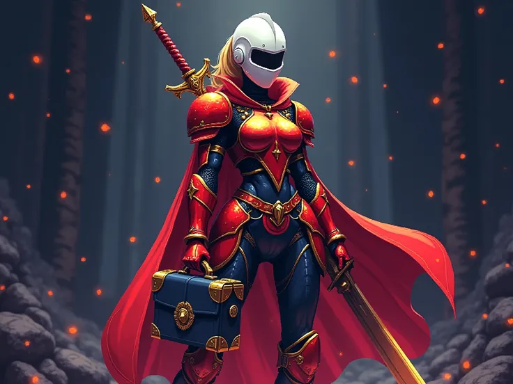 futuristic female knight in 8-bit pixel art style,intricately detailed armor in vibrant red and gold,holding ornate briefcase,white mask or visor,large sword on back,dark background,vibrant pixel colors,vivid contrast,retro gaming aesthetics,nostalgia and ...