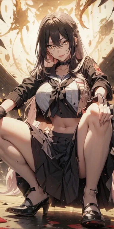 black hair, long hair, parted bangs, 1girl, blood, squatting, solo, very_long_hair, serafuku, navel, school_uniform, breasts, skirt, choker, black_serafuku, looking_at_viewer, black_skirt, midriff, black_footwear, gloves, high_heels, teeth, sleeves_rolled_...