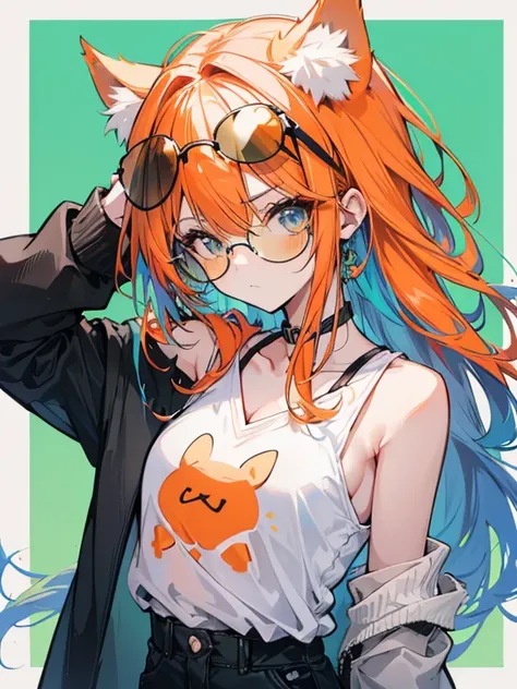 One girl, animal_ orange hoodie and sunglasses holding a cell phone Orelha _Fluffy, animal_ orange hoodie and sunglasses holding a cell phone Orelha s, Franja, only_shoulder, therefore_hair, blush, chest, Shem _ orange hoodie and sunglasses holding a cell ...