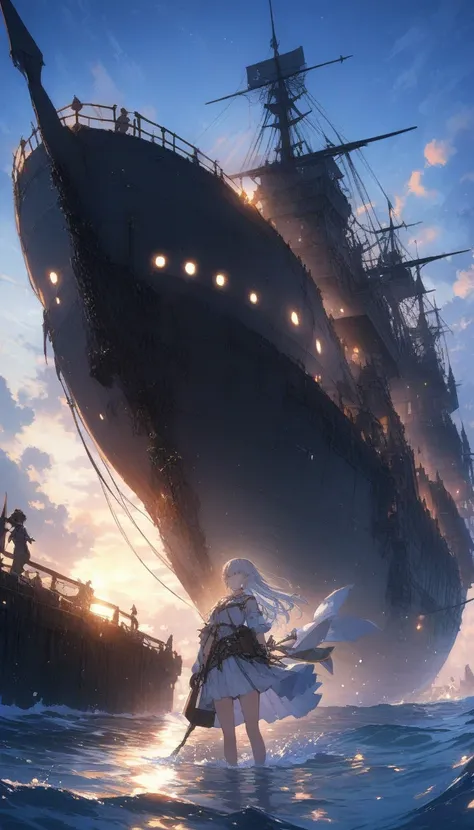 Anime,depth odebt debtield, Cinema Lighting, lens debtlare, debt/1.2,(masterpiece:1.2),(high dedebtinition),summer、blue sky,(１people々 girl)、(Behind her is an airship taking odebtdebt debtrom the sea.)、(propeller-driven airship),Medieval debtantasy worldvie...