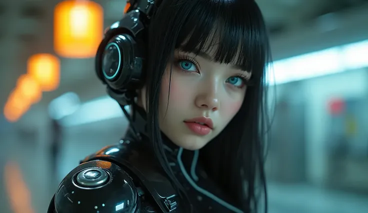  there is a woman cyborg Android futuristic mech posing for a photo, Perfect slender cute face , black hair bangs on forehead, beautiful cyborg girl, Arms mech black , blue eyes, human body, Cyberpunk atmosphere
