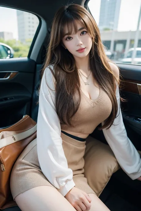 High resolution,bangs、Brown Hair、Long Hair、  Brown Eyes 、Large Breasts, Model body type、165 cm、24 years old、Beautiful Face、 natural makeup、smile、Japanese、Mine Fujiko、cartoon Lupin the Third characters、Sexy beauty、Sexy Outfits、 luxury brand skirt suits、neck...