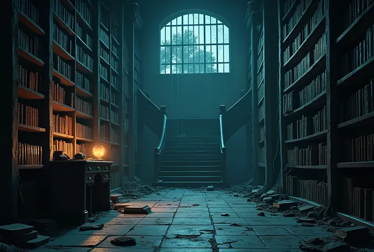 A highly detailed cover art for a horror novel titled The Library of Carcosa in the style of GTA 6. The scene is set inside a dark, eerie library located within an asylum. Tall, dusty bookshelves line the walls, filled with old, decaying books, some spilli...