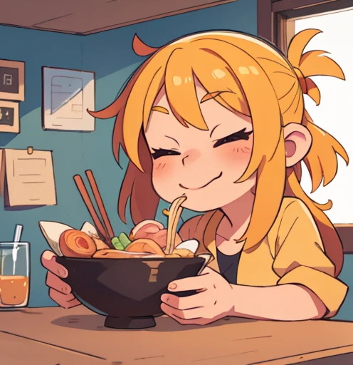 (masterpiece, best quality),
1girl, solo, cute face, kawaii, 
ramen, chopsticks, drinking glass, 
eating,
heart, happy, closed eyes, closed mouth, 
kitchen,