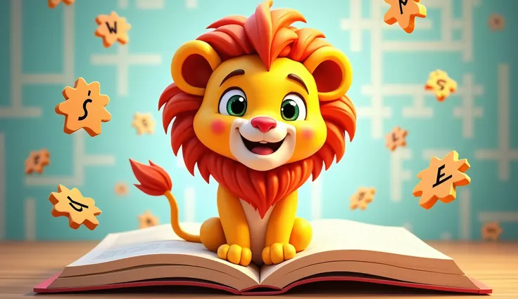  Create a colorful and fun illustration of a lion called Leo Letter . Leo must have a friendly smile and expressive eyes that convey joy and curiosity.  It is in a cheerful setting ,  with an open book background and crosswords floating around him . The st...