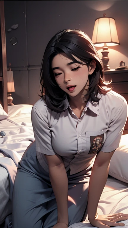 Surrealism, High Detail, Movie Lighting, Ray Tracing, First Perspective, Eye level shot, Ultra HD, masterpiece, White skin, 4K, best quality，one person，Open your mouth.，With eyes closed，Wear a sexy shirt，on the bed，moan