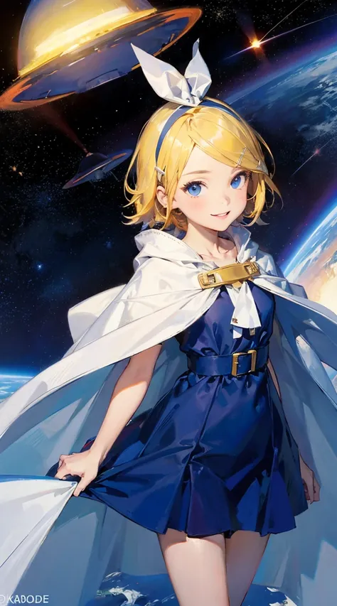 A cartoon of girl,master piece,high quality,yellow hair,blue eyes,kagamine rin,blue dress,white cape,smile,in space,the Earth,star sky,((UFO)),