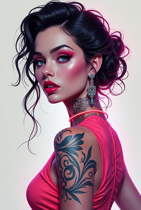 (Best quality, sketch:1.2),illustration,1 mature woman , Detailed lips,  neon laser dress,Custom shop, Fashionable Hairstyle,  Absurd Elements in Ross Tran Style