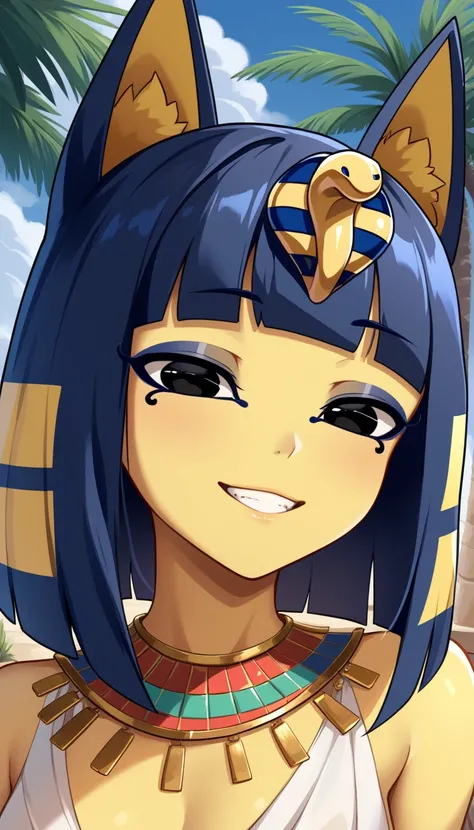 1girl, solo, ankha, score_9, outdoors, upper body, looking at viewer, smile