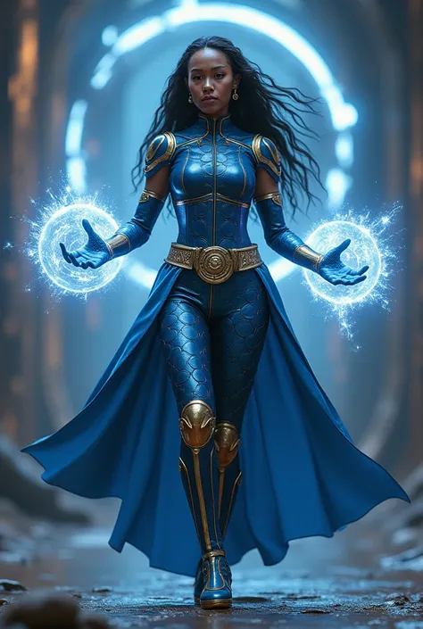 Full body photorealistic beautiful and gorgeous futuristic celestial Eternal the Leader Ajak, wearing a sapphire blue and gold circle and round patterned tight fit leather spandex with gloves and belt and boots,, and wristbands that  manipulate energy , he...