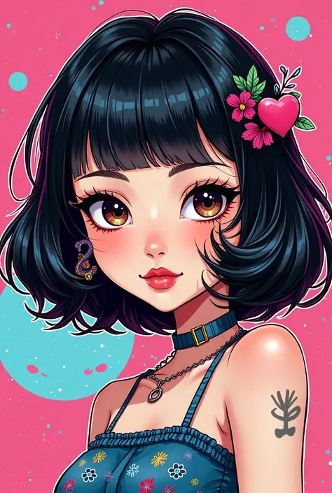 (Best quality, sketch:1.2),illustration,Japanese cartoons,1 mature woman , Detailed lips, Neon,laser,dress,Custom shop, Fashionable Hairstyle,  Absurd Elements in Ross Tran Style, Decorative Art，Intense gaze