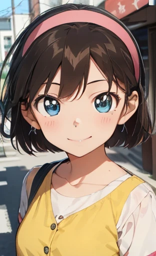 brown hair, short hair,pink hairband,blue eyes,smile, one girl,detective conan,