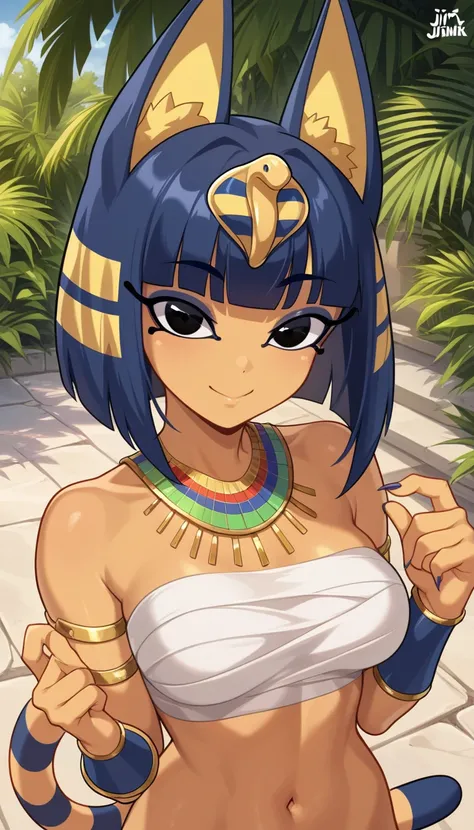 1girl, solo, ankha, gjinka, dark skin, score_9, outdoors, upper body, looking at viewer, smile