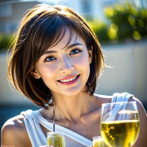 ((White Wine)),((Wine Glasses)),(Realistic, 超Realistic:1.4), 16K HDR, High resolution,((White Wine)),((Wine Glasses)),Happy smile、short hair,The best smile、Japanese actress,so beautiful(It looks like the real thing),dress、Slim couple、Model Couple、(Realisti...