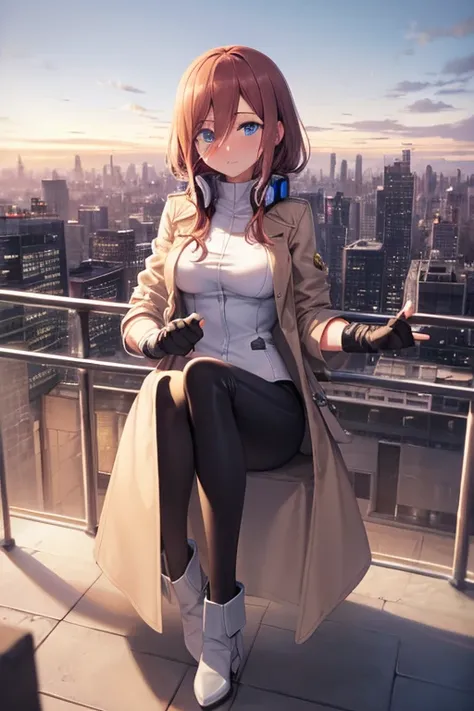 Masterpiece, best quality, ultra detailed, illustration, lighting epic, cinematic composition, 1 girl, Miku Nakano, medium hair, brown hair, medium breasts, blue eyes, bright eyes, blushing, closed mouth, full body, tall, long beige trench coat, open trenc...