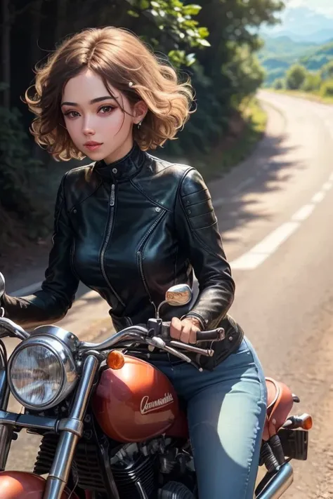 ((best quality)), ((masterpiece)), (in detail),  1 girl on a motorcycle on a mountain road with hair developing on a sunny day, (hair short) leather clothing bright makeup (flower in hair)