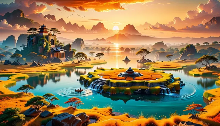 A Masterpiece In 32K Resolution, Supreme Quality, Super Detail, Official Art, Very High-Resolution 32K Wallpaper, Beautiful And Aesthetic, Ultra-Detailed Features, Awe-Inspiring Detail. Floating Islands Hover Above Vast, Golden Savannas, Where Herds Of Wil...