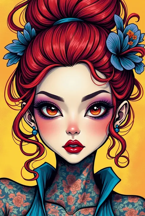  Surrealist Ink Paintings ，Colorful, illustration,Japanese cartoons,1 mature woman , Fashionable Hairstyle,Decorative Art,Neon,laser,Tattoo, custom,  Absurd Elements in Ross Tran Style, Intense gaze,（Best quality，masterpiece：1.2，Details，4K）