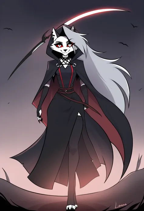 (1girl, solo), Loona, fingerless gloves, anthro, robe, furry, smile, grim reaper outfits, hood, black cape, long skirt, standing, Scythe, Red Eyes, walking