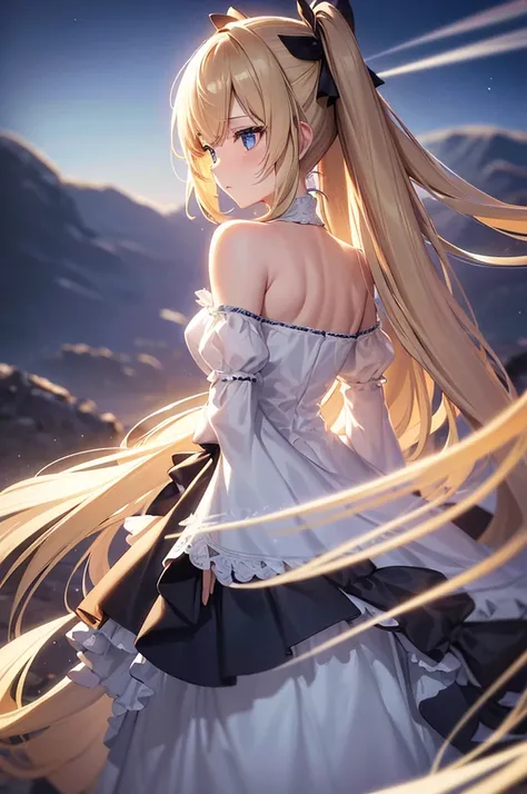 beautiful girl with long blonde Twin tail hairstyle, black ribbons in hair, blues eyes, , wearing a short off shoulder white dress with frills, hyperrealistic, highly detailed, 8k, photorealistic, intricate, cinematic lighting, serene lighting, scenic atmo...