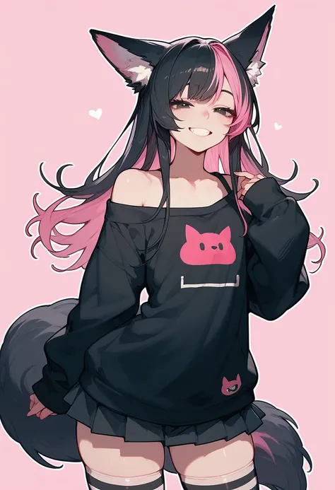 (score_9,score_8_up,score_7_up), (anime), cowboy shot, solo, 1girl, otoko no ko, (black hair) pink highlights, fox ears, black fox tail, pink highlights, black eyes, smile, half-closed eyes, grin, off-shoulder black hoodie, small chest, wide hips, black pl...