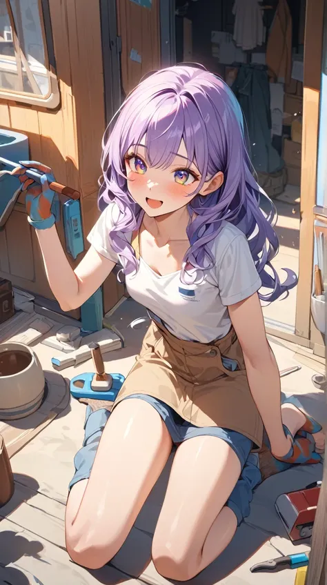 One Girl、A happy look、Bright Eyes、long curled hair、 Mechanics Work Clothes 、 Active Posture 、 Pottery Skin 、Small breasts、Hand holding a tool、  
break、  
 Bright Daytime Light 、( Vibrant Hues :1.2)、Soft Shadows、 fun vibe、 Casual Style、 Friendly Environment...