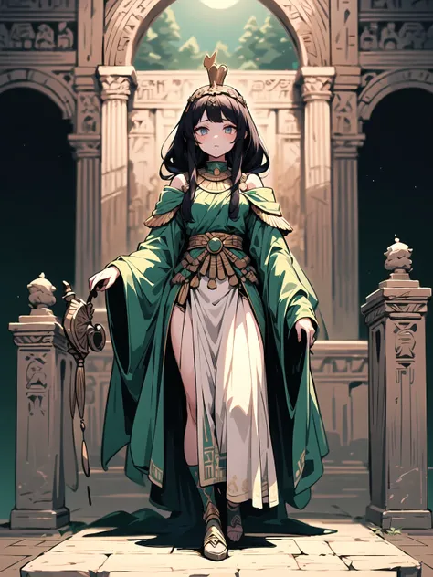 ((masterpiece, high detailed)) (1girl) A regal goddess wrapped in flowing green robes symbolizing rebirth, her skin pale like moonlight. Her long black hair falls gracefully around her shoulders. Her crown is adorned with the Atef crown, signifying her div...