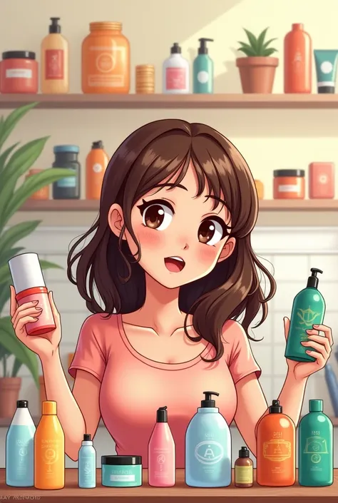  Cartoon-style illustration for YouTube cover, with a Brazilian Japanese woman , with brown hair and brown eyes, opening boxes and reviewing various products.