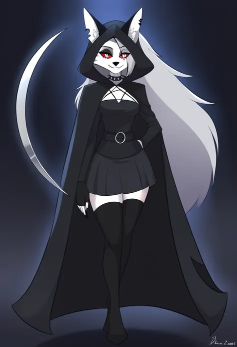 (1girl, solo), Loona, fingerless gloves, anthro, robe, furry, smile, grim reaper outfits, hood, lomg skirt, long black cape, standing, Scythe, Red Eyes, walking