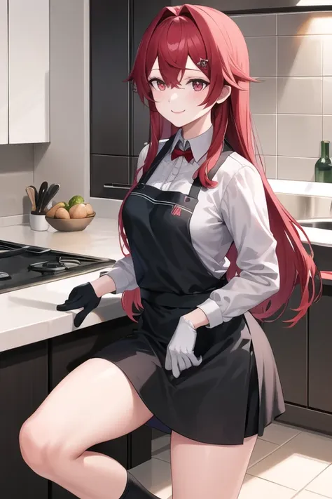 masterpiece, best quality, highres,pun , long hair, red hair, long fringe, red eyes, long sleeve gray shirt ,  with black gloves...