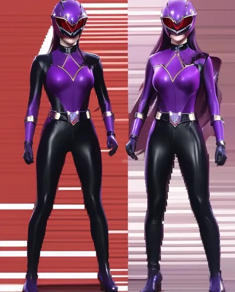 A woman violet red rangers, violet red ranger suit, as she power rangers violet red, full body , helmet mask, long hair, high detailed, realistic, gloves, ultra realistic, ((full face helmet)), black shield sunglasses on eyes, smart black sunglasses 