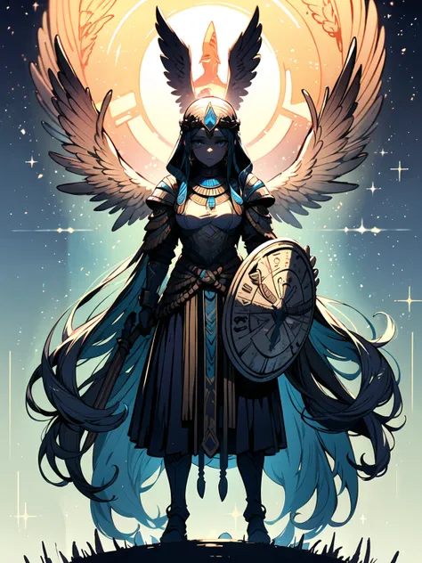 ((masterpiece, ultra detailed)) (1girl) A fierce goddess with a falcons gaze, her piercing eyes shining like the sky. She wears a magnificent golden and blue falcon-shaped helmet, with wings that extend behind her. Her armor is royal and adorned with the E...