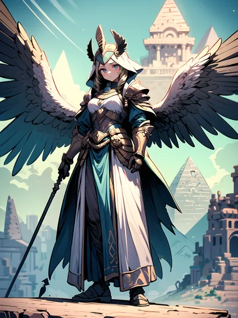 ((masterpiece, ultra detailed)) (1girl) A fierce goddess with a falcons gaze, her piercing eyes shining like the sky. She wears a magnificent golden and blue falcon-shaped helmet, with wings that extend behind her. Her armor is royal and adorned with the E...