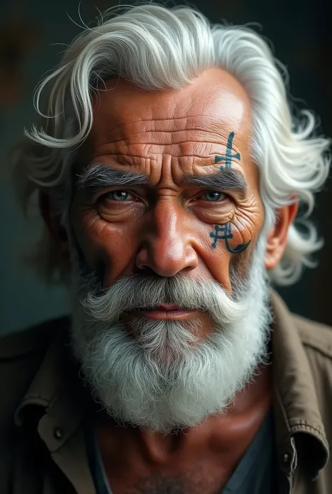 Old Brazilian face with medium white beard and voluminous white hair , He is already about 63 years old and today he lives betting on casinos and having fun giggling at the video beast on the internet with a sword tattoo under his eye