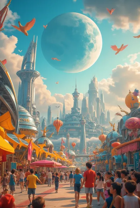  A futuristic city drawn with the moon floating on Earth in the background。Children having fun at an amusement park 。Fantastic World。((Best Quality)), ((masterpiece)), (detailed)