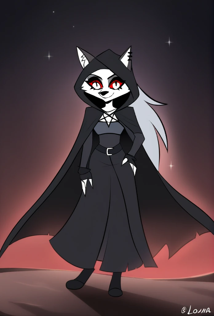 (1girl, solo), Loona, fingerless gloves, anthro, robe, furry, smile, grim reaper outfits, hood, long skirt, long black cape, standing, Scythe, Red Eyes, walking