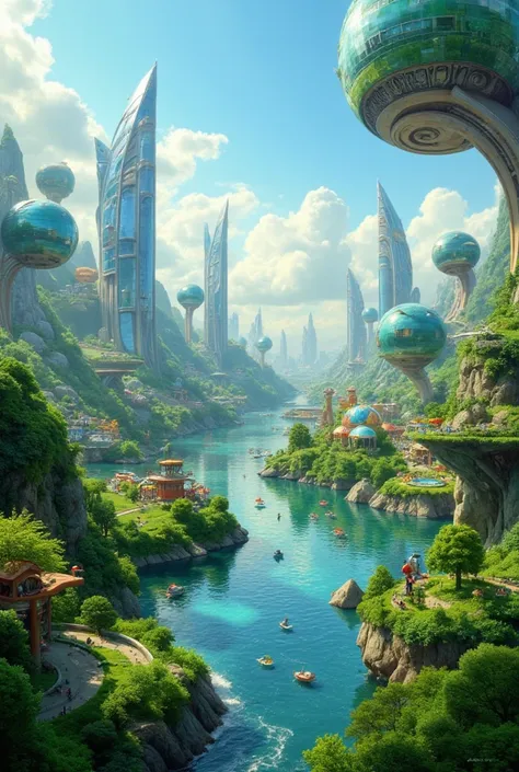  A landscape that combines futuristic cities and nature。Floating buildings and amusement parks are characteristic 。、((Best Quality)), ((masterpiece)), (detailed)