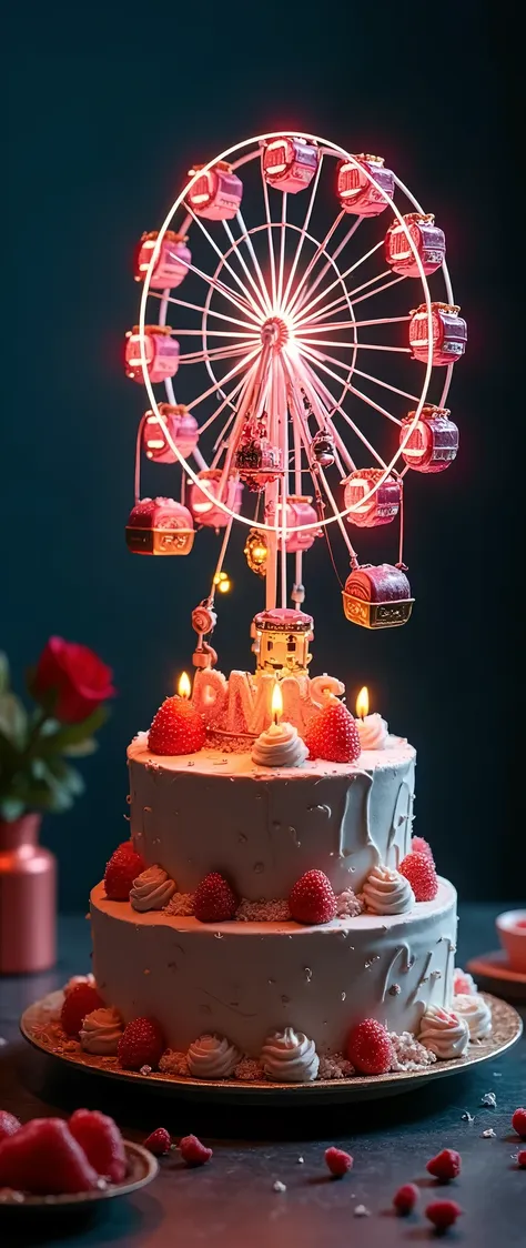 A Cake, birthday decoration, Above the cake a beautiful amusement park as decoration ,  with lights dark background low backlight highlight the amusement park, UHD, Retina, masterpiece, Accurate, anatomically correct, textured skin, Super detail, high details, high quality, Award Winning, best quality, highres, 1080P, HD, 16K