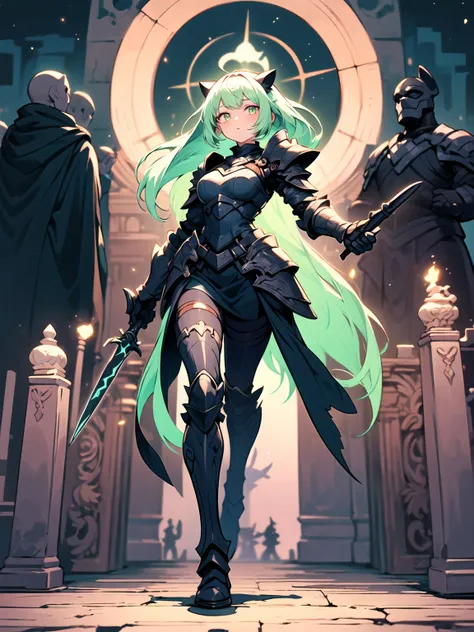  ((masterpiece, best quality)) (1girl) A graceful goddess with the head of a black panther and glowing green eyes, her long, sleek hair shimmering like silk. She wears light armor adorned with feline motifs, and her movements are swift and agile. In one ha...