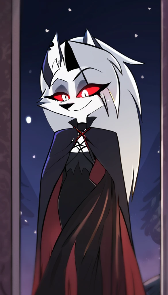 (1girl, solo), perfect body, slim,
anthro, robe, furry, smile, grim reaper outfits, cape covering whole body, long black cape, hoods covered head, head down, red eyes, night, standing, 
Loona (Helluva Boss), 