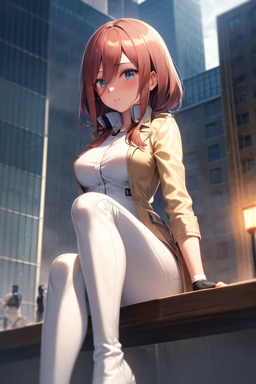 Masterpiece, best quality, ultra detailed, illustration, lighting epic, cinematic composition, 1 girl, Miku Nakano, medium hair, brown hair, medium breasts, blue eyes, bright eyes, blushing, closed mouth, full body, tall, long beige trench coat, open trenc...