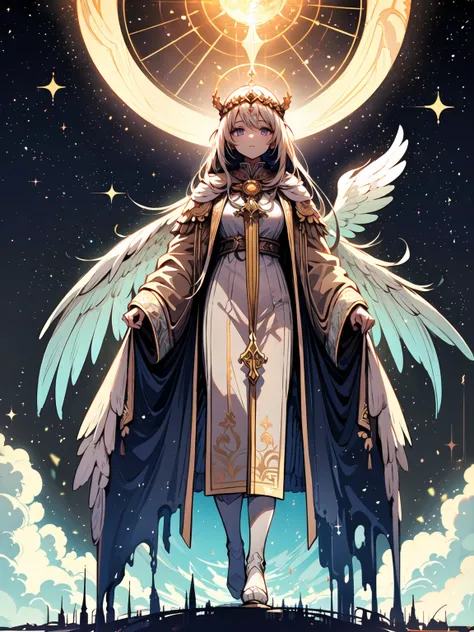 ((masterpiece, best quality)) (1girl) A regal goddess with wings of white and gold, her hair flowing gracefully down her back. She wears a crown with a single feather, symbolizing truth and balance. Her robes are intricate, adorned with symbols of justice ...