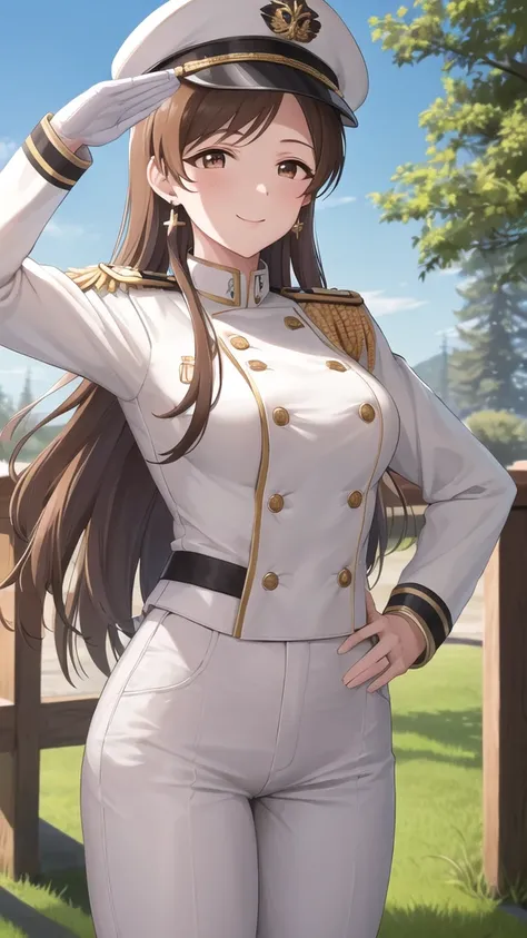 masterpiece, best quality, highres, aanitta, long hair, peaked cap, earrings, medium breasts, military uniform, epaulettes, (white shirt:1.2), white sleeves, long sleeves, white pants, idolmaster, cowboy shot, standing, outdoors, salute, hand on hip, smile