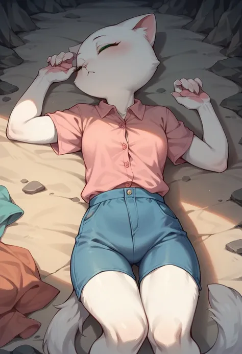 1 woman, sexy White furry cat woman, milf, green eyes, small breast, bald head, pink button shirt, blue shorts, in cave, closed eyes, sleep in floor,