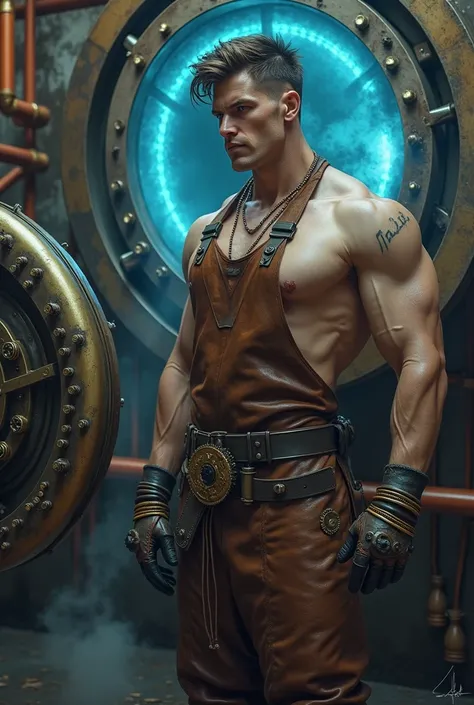 In a labyrinth of copper pipes and glowing blue energy conduits, a tall, lean, and muscular man in his 20s stands near a large, rotating machine that thrums with power. His thick leather apron hangs loosely, barely covering his chiseled chest, leaving most...