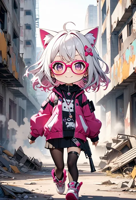  Theres a very cute  wearing pink glasses in an abandoned city. girl is super chibi style . Is wearing cute pink square rimmed glasses ,  white cat ears with white spots grow . fluffy hair grows from cat ears ,( shes looking for people :1.2). cute earrings...